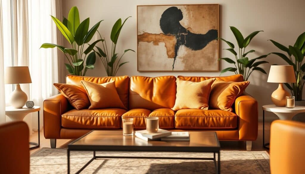 Wohnzimmergestaltung mit Cognac-Sofa