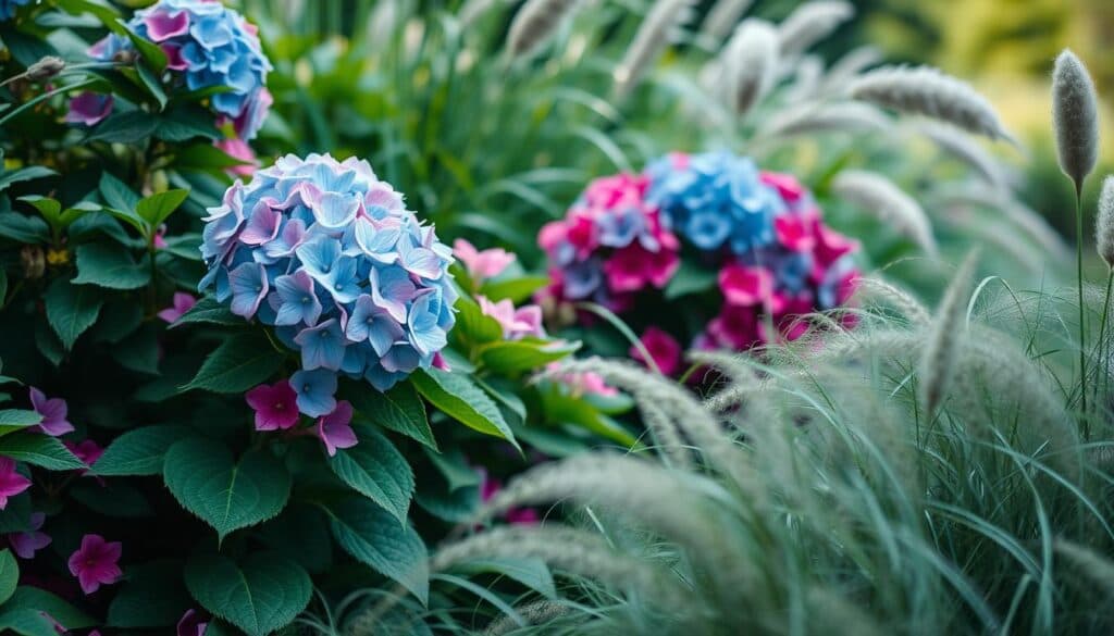 Hortensien und Ziergräser im Garten Hortensien und Ziergräser im Garten