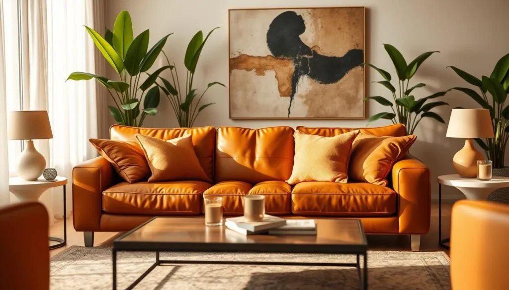 Wohnzimmergestaltung mit Cognac-Sofa Wohnzimmergestaltung mit Cognac-Sofa