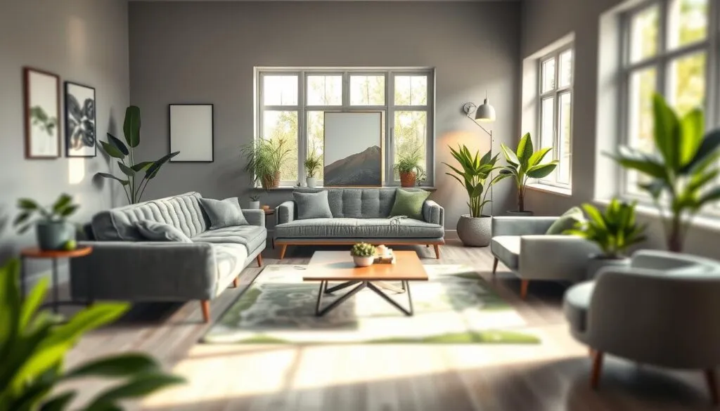 Wohnzimmergestaltung Grautöne mit Grün 2025