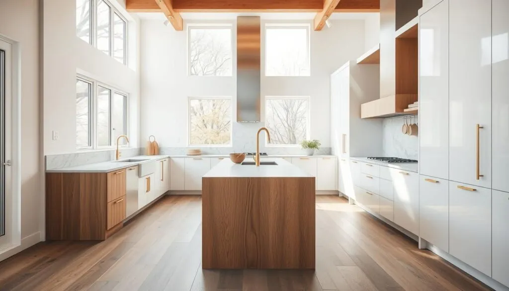 Holz Stein Kontrast weiße Küche